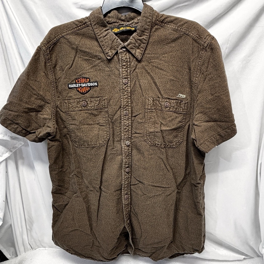 Harley Davidson Mechanics Shirt Mens Motorcycle Shop Brown Short Sleeve Skull
